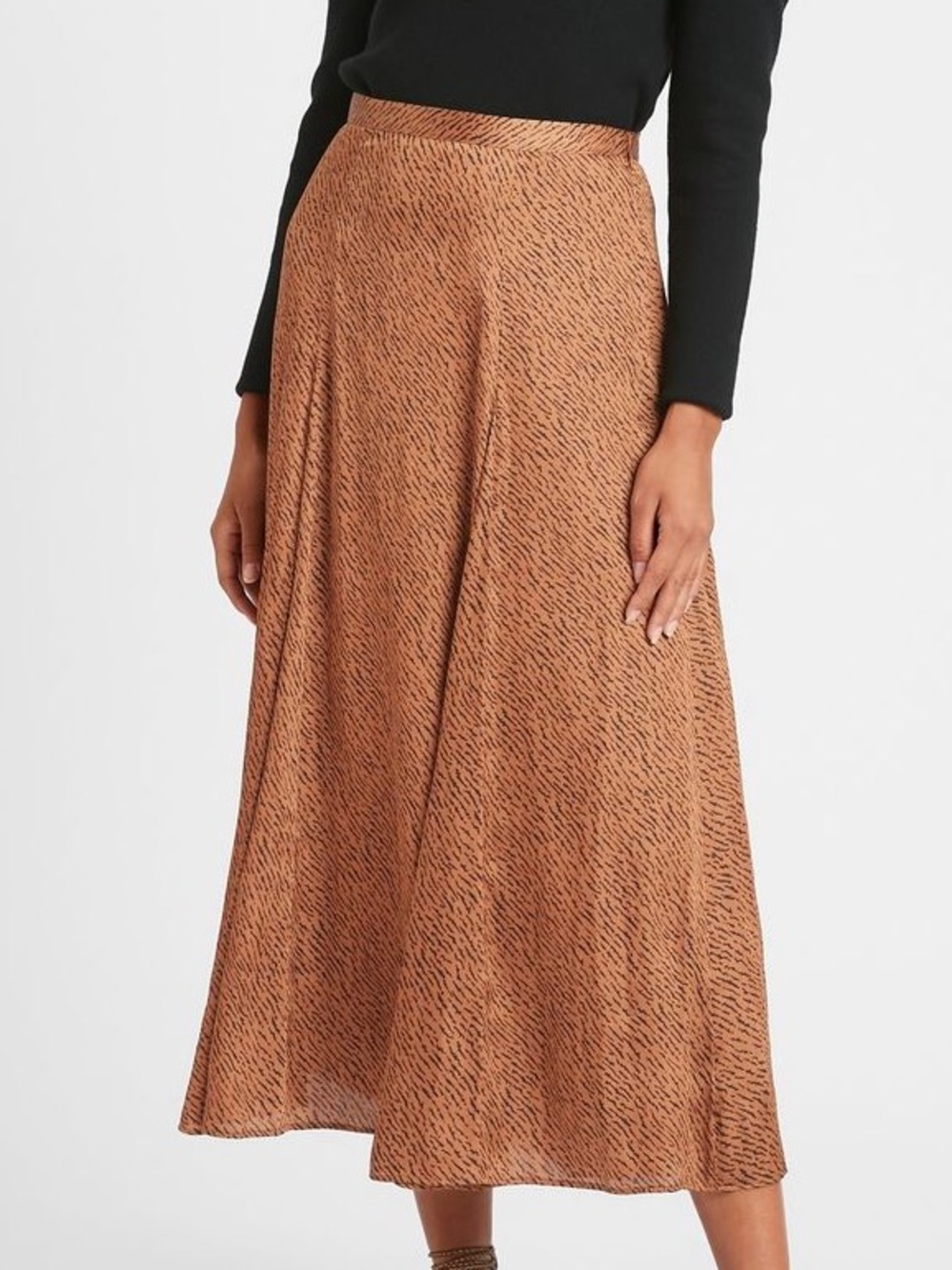 Banana Republic Satin Godet Midi Skirt Rust Brown Copper Animal Print 14 Preppy